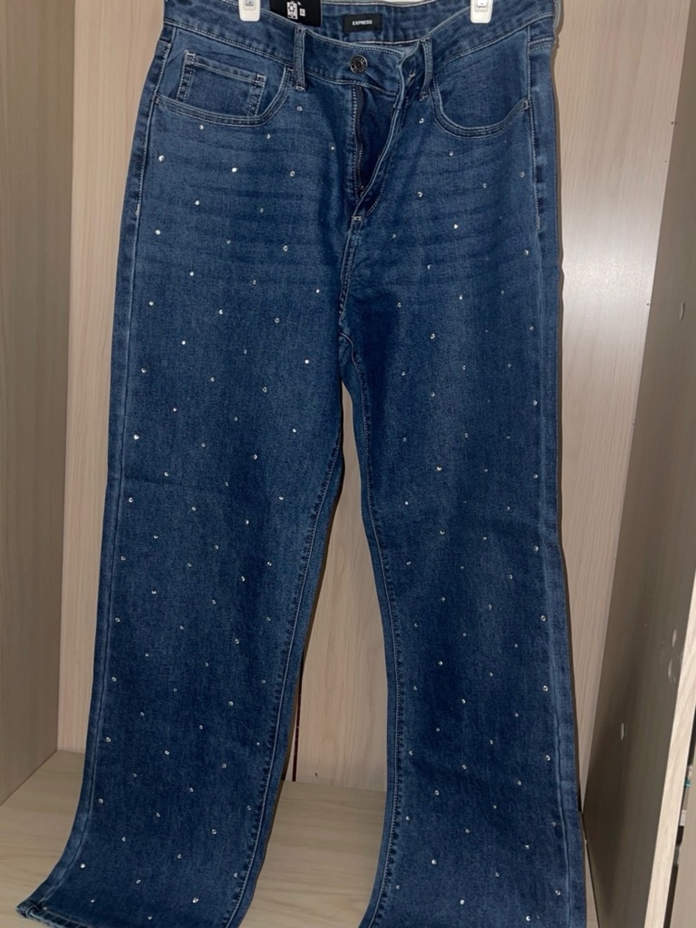 Express Med Wash Wide Leg Jeans with Rhinestones